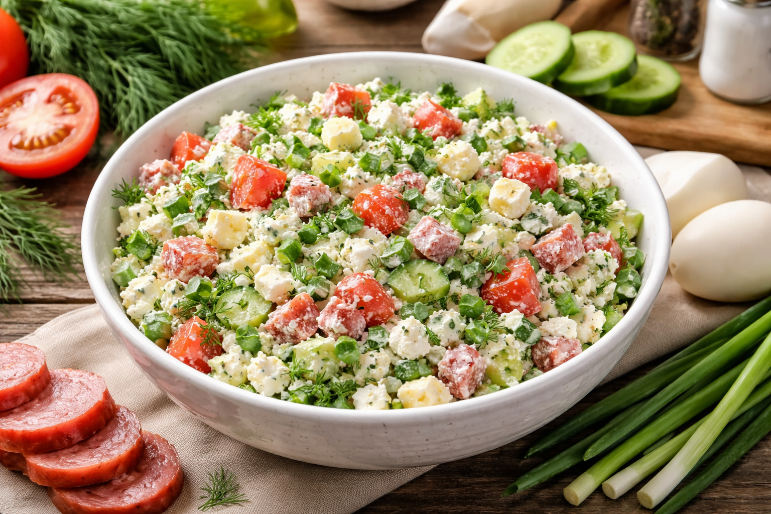 Весна на тарілці: ніжний салат із сиром, овочами та ковбаскою (відео)