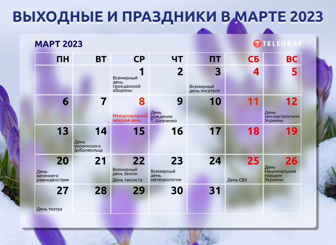 Календарь на март 2023 – сколько выходных и праздников будет у украинцев -  Телеграф