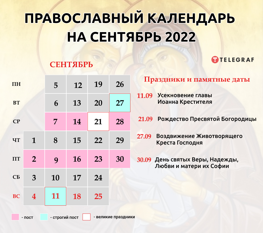 Церковный православный календарь на сентябрь 2022 — какие праздники  отмечаются в начале осени - Телеграф