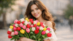 Девушка с букетом тюльпанов