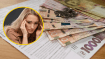 Женщина, гривны и квитанции об оплате коммуналки