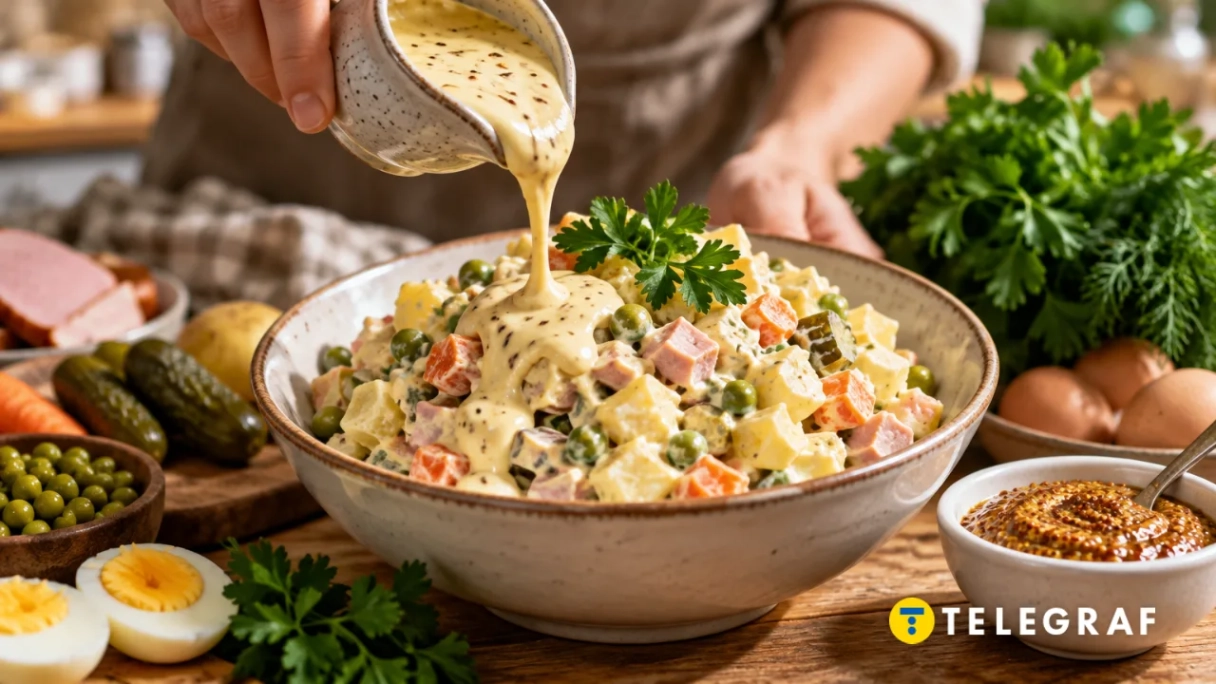 Медовая горчица в заправке придаёт оливье новый вкус