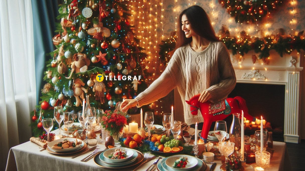 Девушка украшает новогодний стол