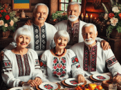 Украинцы в национальных нарядах за праздничным столом