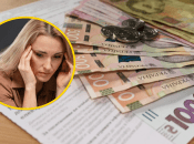 Женщина, гривны и квитанции об оплате коммуналки