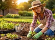 Женщина сажает рассаду