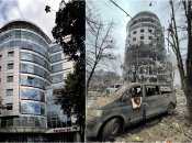 БЦ "Параллель" на пересечении улиц Свободы и Мироносицкой до и после обстрела