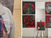 Фото с выставки — гости с террористическими флагами и соответствующие картины