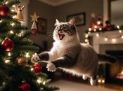 Котики дуже люблять яскраву та блискучу новорічну ялинку в домі