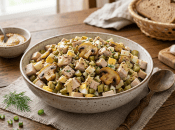 Салат с курицей, шампиньонами и солеными огурцами.
