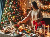 Дівчина прикрашає новорічний стіл