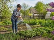 Жінка поливає рослини