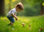 Ребенок срывает гриб