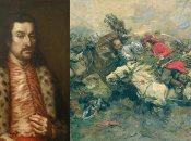 Князь Иеремия Вишневецкий (портрет художника Даниэля Шульца, 1640-е годы) и фрагмент картины Николая Самокиша "Бой Максима Кривоноса и Иеремии Вишневецкого", 1934 год