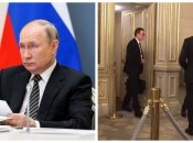 Сотрудник ФСО выносит сумку из туалета, где находится владимир путин, во время саммита нормандской четверки в Париже 9 декабря 2019 года