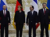 Володимир Путін, Ангела Меркель, Франсуа Олланд і Петро Порошенко на переговорах у Мінську, лютий 2015