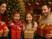 Семья распаковывает подарки