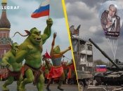 Орки на Красной площади и воздушные шарики с Путиным на фоне развалин. Фото Midjourney