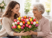 Девушка дарит цветы бабушке