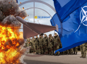 Взрыв, дрон и флаг Североатлантического союза