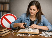 Девушка режет страницы книги