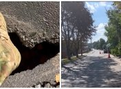 Под Киевом после первого же дождя провалилась отремонтированная дорога: видео очевидца