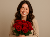 Девушка с букетом цветов.