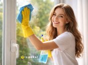 Девушка моет окна