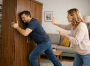 Мужчина переставляет шкаф