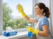 Женщина моет окно