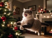 Котики дуже люблять яскраву та блискучу новорічну ялинку в домі