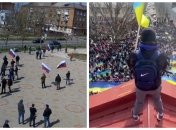 Слева — проплаченная рф акция, справа — митинг жителей Новой Каховки за Украину