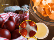 Во время окрашивания яиц можно поэкспериментировать с обычной овощной сеткой