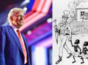 Дональд Трамп (Фото: facebook.com/DonaldTrump) та політична карикатура 1917 року: Дядько Сем забирає трьох діточок (острови колишньої Данської Вест-Індії) у батьків-данців, які отримали 25 млн доларів золотом