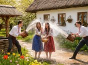 Ребята поливают девушек водой