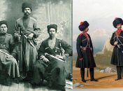 Кубанские старшины, фото начала XX века. На рисунке (справа) Карла Пиратского -  всадник и обер-офицер Кубанского конно-иррегулярного эскадрона, 1861 год