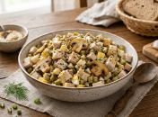 Салат с курицей, шампиньонами и солеными огурцами.
