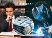 Человек за столом, деньги и сварщик