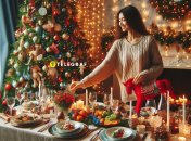 Девушка украшает новогодний стол