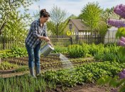 Женщина поливает растения