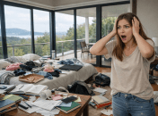 Девушка смотрит на беспорядок дома