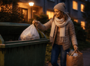 Женщина выбрасывает мусор