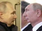 путін в Маріуполі й карикатура на путіна з мережі