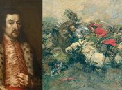 Князь Иеремия Вишневецкий (портрет художника Даниэля Шульца, 1640-е годы) и фрагмент картины Николая Самокиша "Бой Максима Кривоноса и Иеремии Вишневецкого", 1934 год