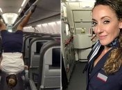  Стюардеса в туфлях на високих підборах ногами закрила верхні полиці в літаку і прославилася на весь інтернет (Відео)