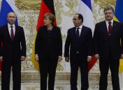 Володимир Путін, Ангела Меркель, Франсуа Олланд і Петро Порошенко на переговорах у Мінську, лютий 2015