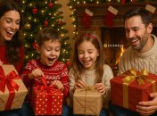 Семья распаковывает подарки