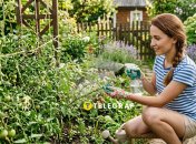 Женщина борется с муравьями на участке