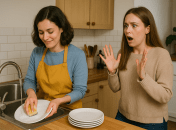 Женщина моет посуду в гостях у другой женщины