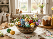 Красивый пасхальный стол с крашенками